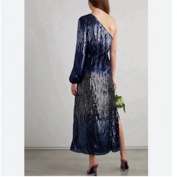 RIXO London Bradshaw Sequin beaded Dress One Sleeve Ombre Blue Metallic 8 NWT - Picture 3 of 11